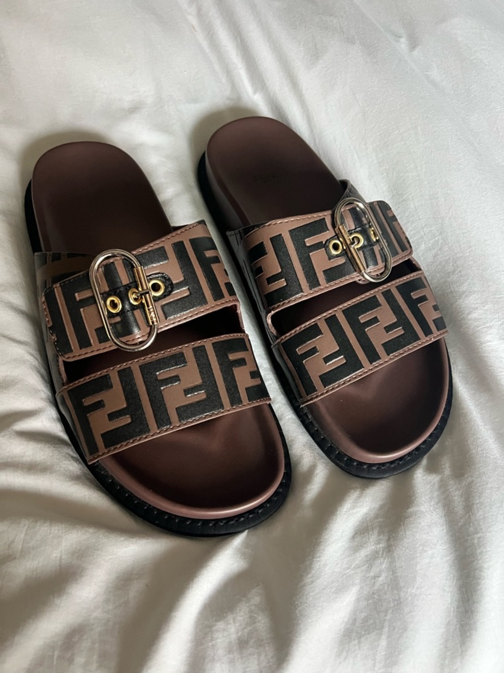 Women’s Fendi slides - Brown Logo-Print Double-Strap Buckle Sandals